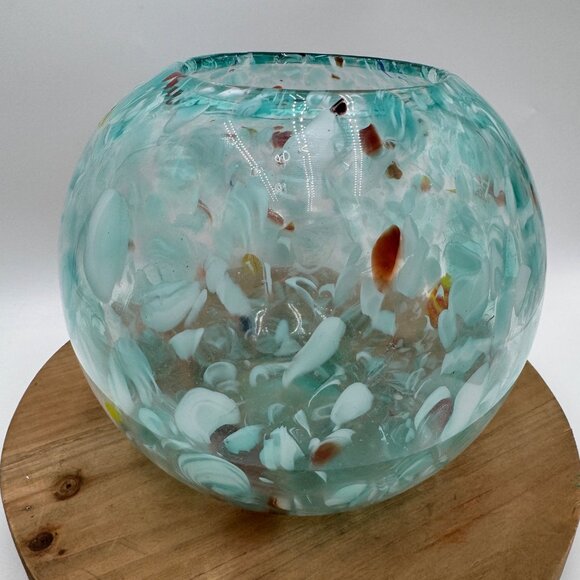 Hand Blown Glass Turquoise Aqua Blue Speckled Mixed Round home design decor Vase - Picture 5 of 10